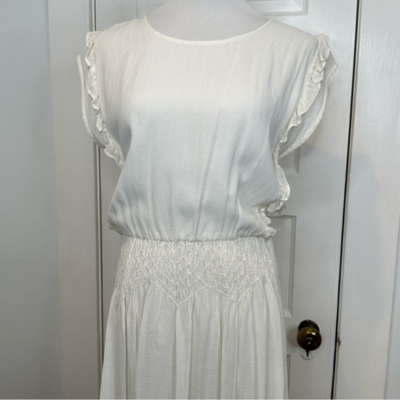 ANTHROPOLOGIE TRYB IVORY SLEEVELESS RUFFLE DRESS ASYMMETRICAL HEM SIZE LARGE - Picture 4 of 7